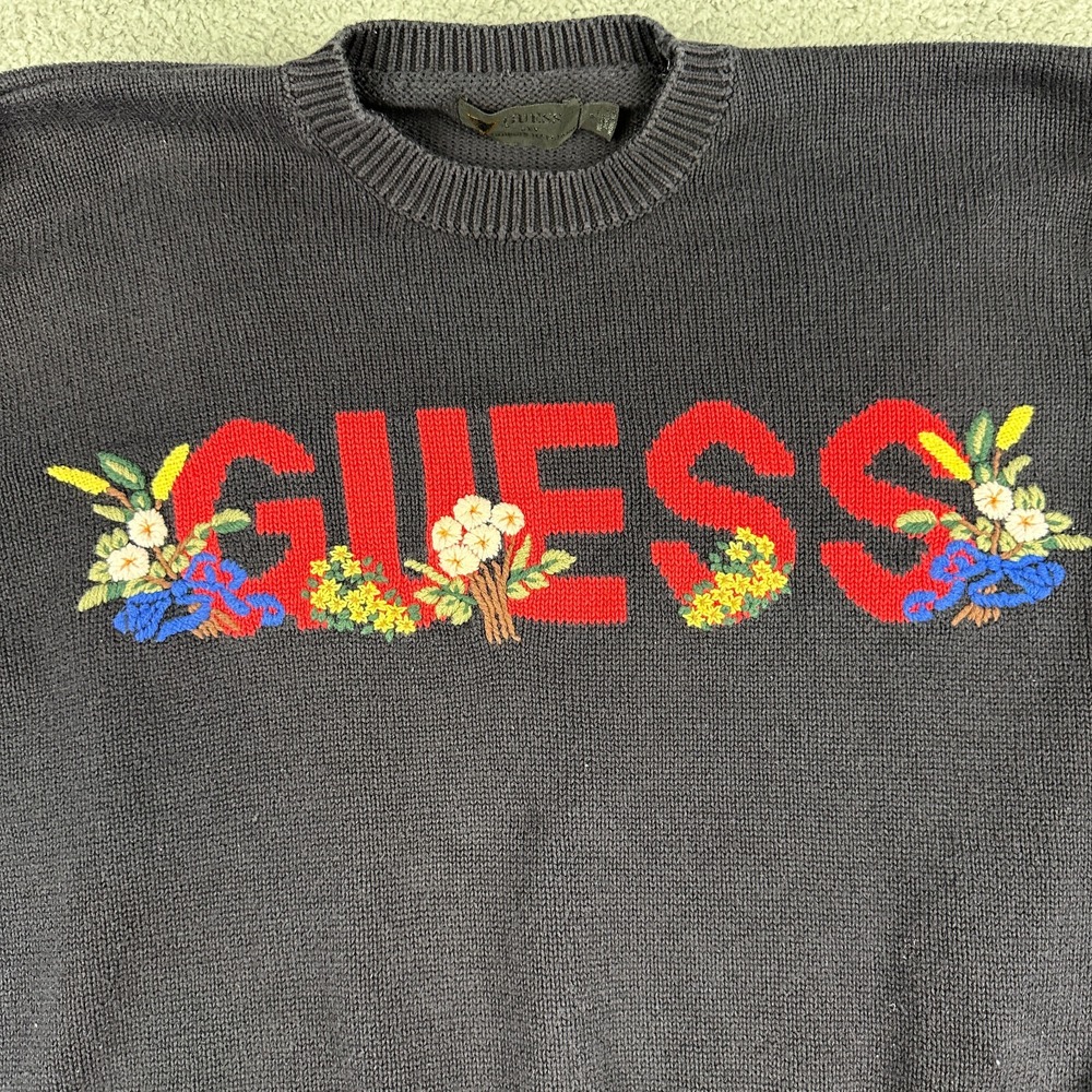 Vintage Guess Sweater Adult Medium Black Spell Out Flowers Embroidred 90s - Picture 4 of 6